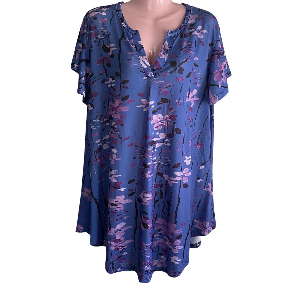 Lily By Firmiana Tunic Top Womens 3XL Blue Floral Trapeze Swing Flutter Sleeve
